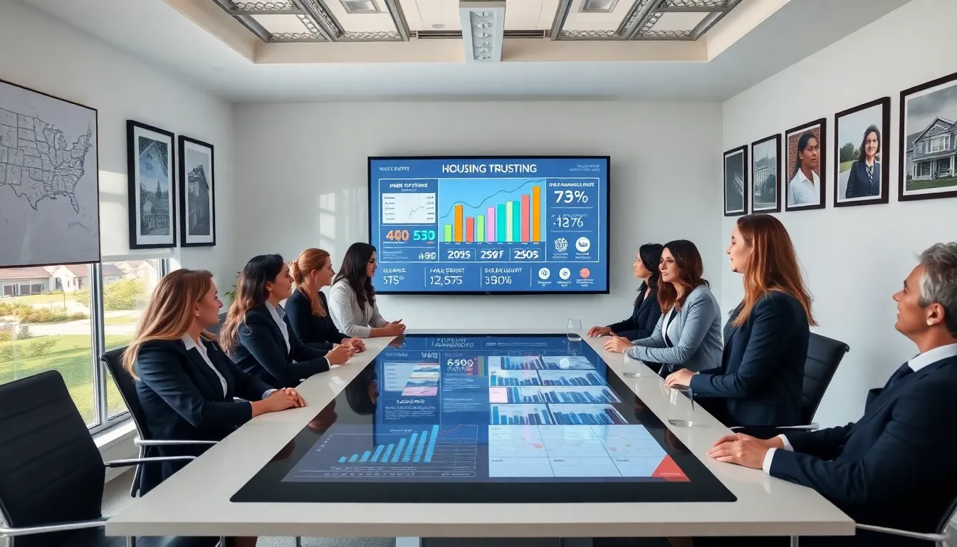 diverse real estate team discussing market trends in a modern office.