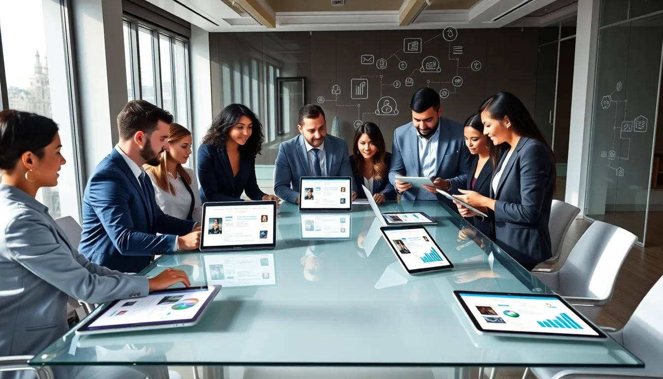 diverse team discussing Ontpress updates in a modern office.