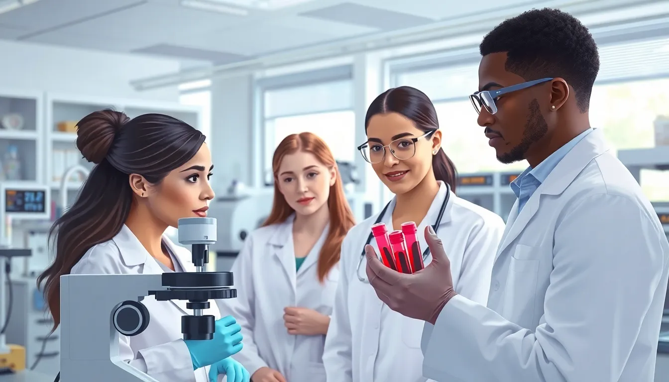 healthcare team examining blood samples in a modern laboratory.