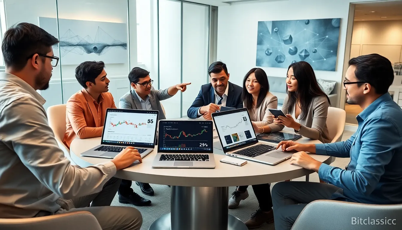 professionals collaborating in a modern office on cryptocurrency topics.
