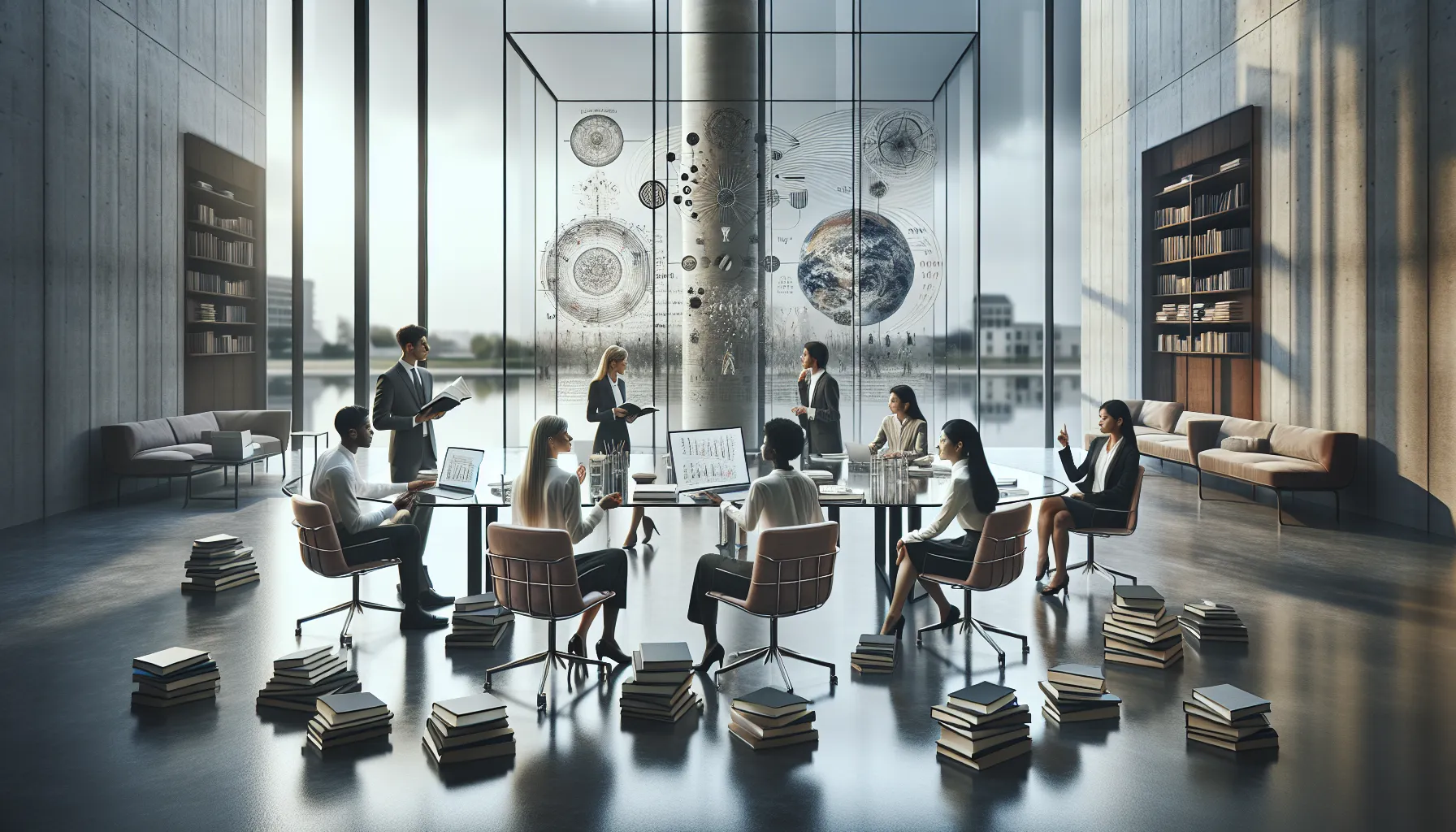 diverse linguists discussing language origins in a modern office.