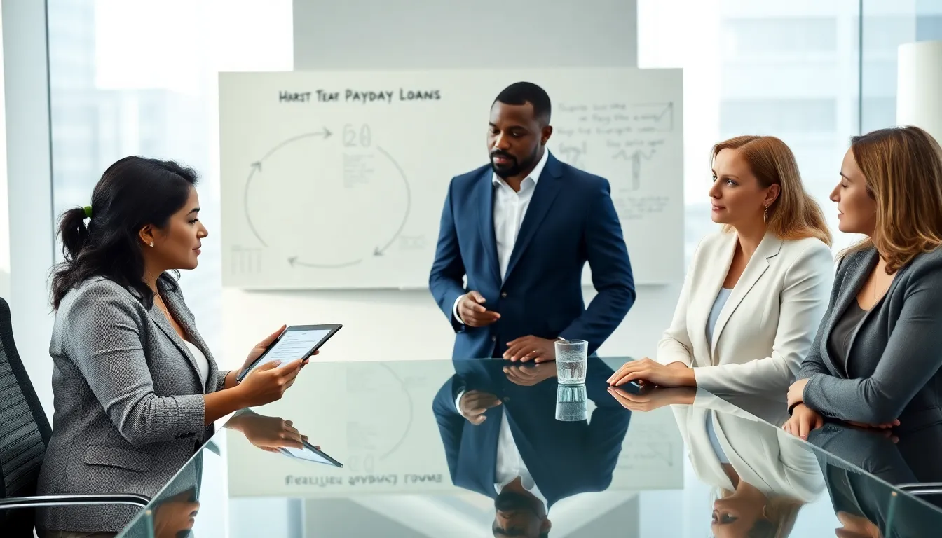 professionals discussing payday debt solutions in a modern office.