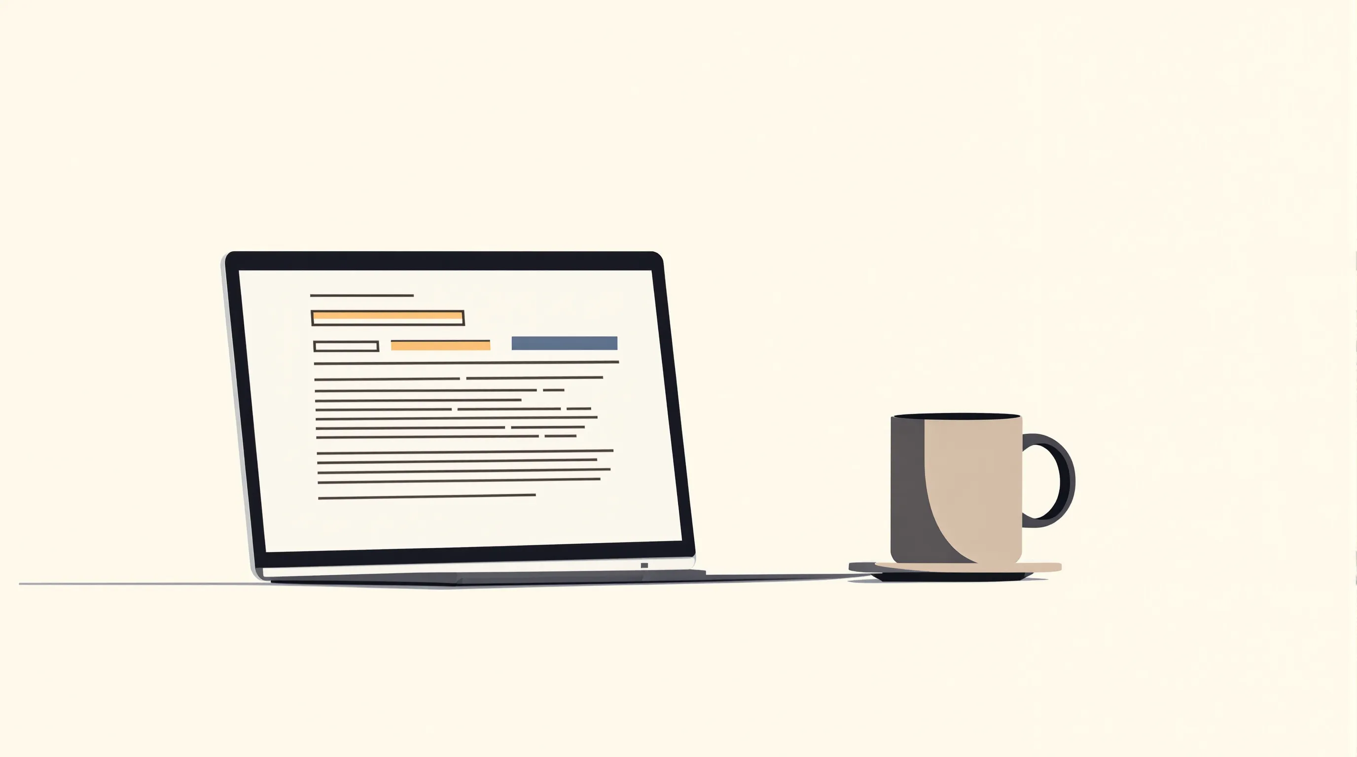 Minimalist laptop and coffee mug on desk in soft neutral tones.