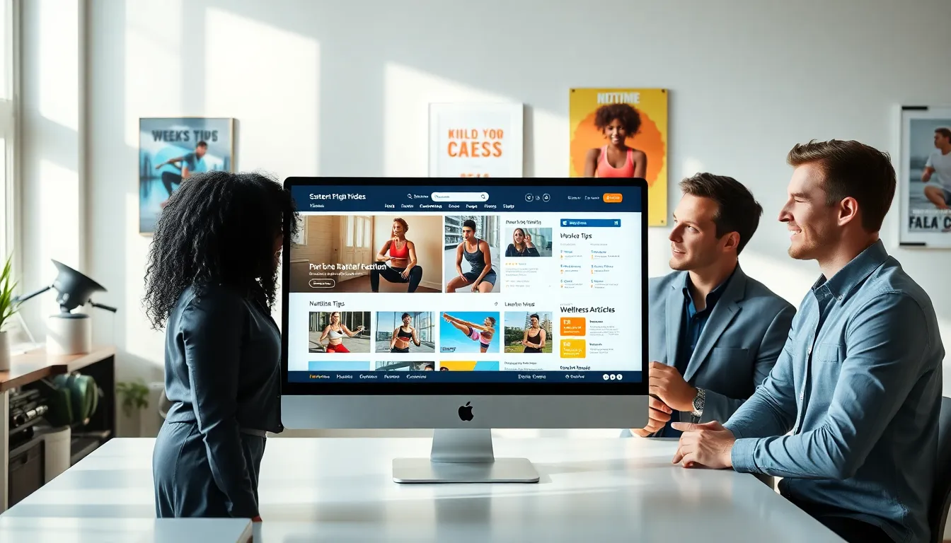 diverse professionals engaging with a fitness website at a modern workspace.