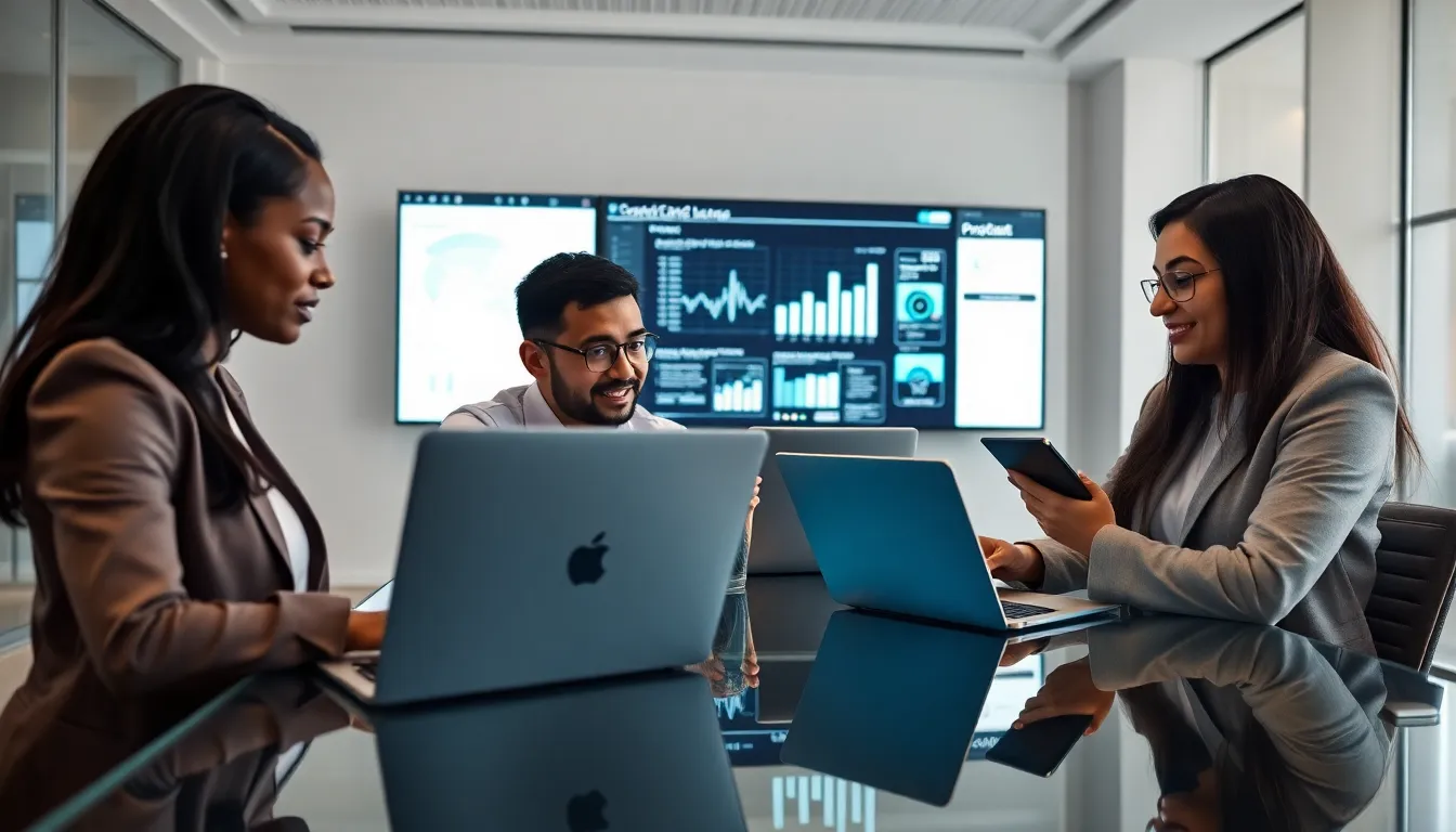 Team collaborating on WebBizMagnet.com applications in a modern office.