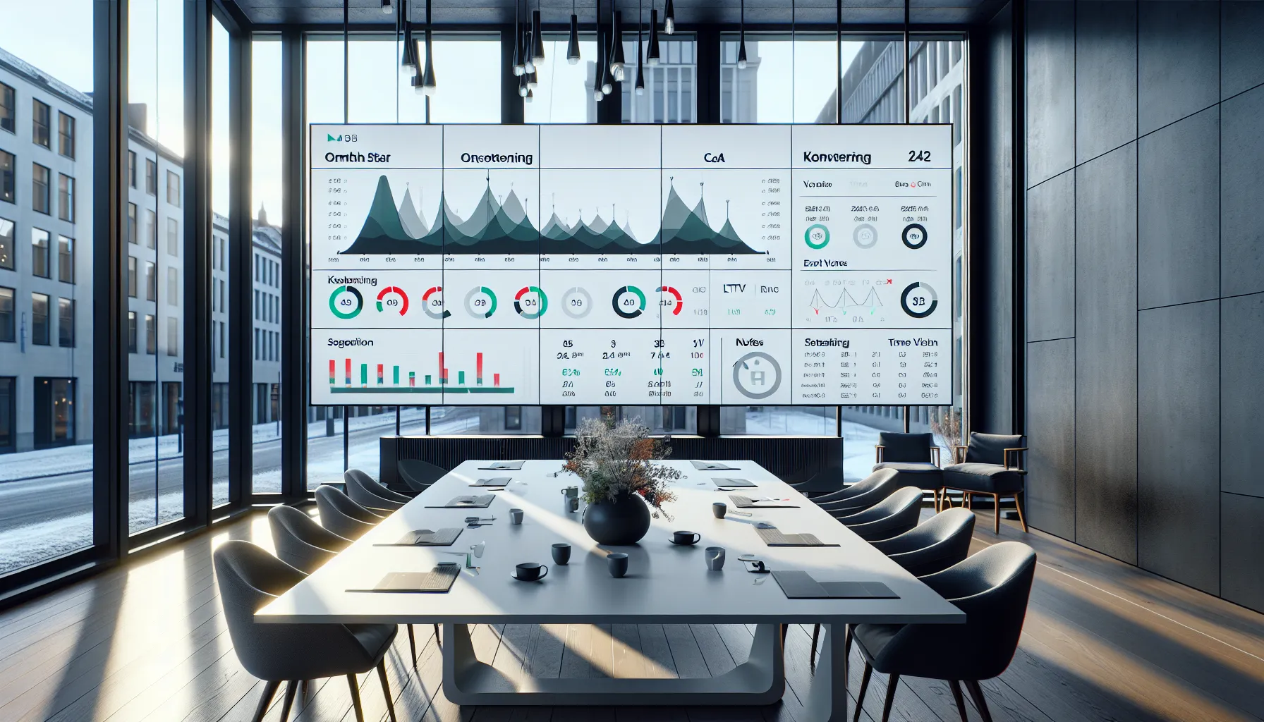 Ga4 executive dashboard with kpi tiles and segments in a norwegian boardroom.