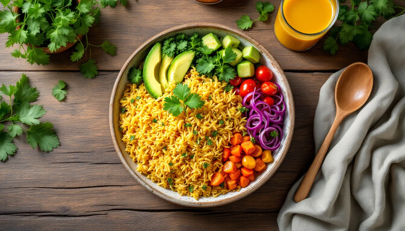 Balanced Ayurvedic grain bowl with ghee, avocado, and vegetables on a wooden table.