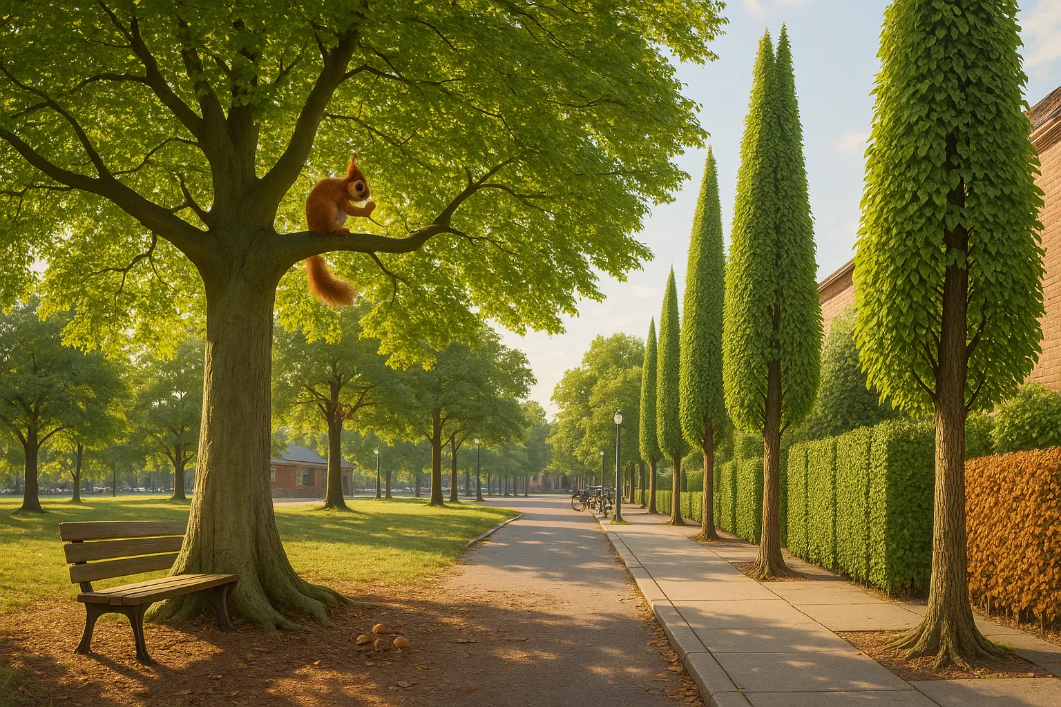 Beech specimen shading a bench beside a formal hornbeam hedge along a sidewalk.