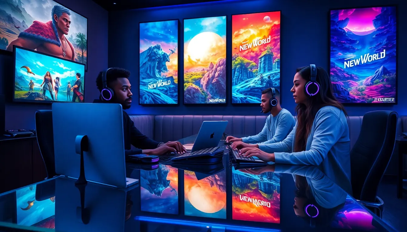 diverse gamers enjoying New World in a modern gaming lounge.