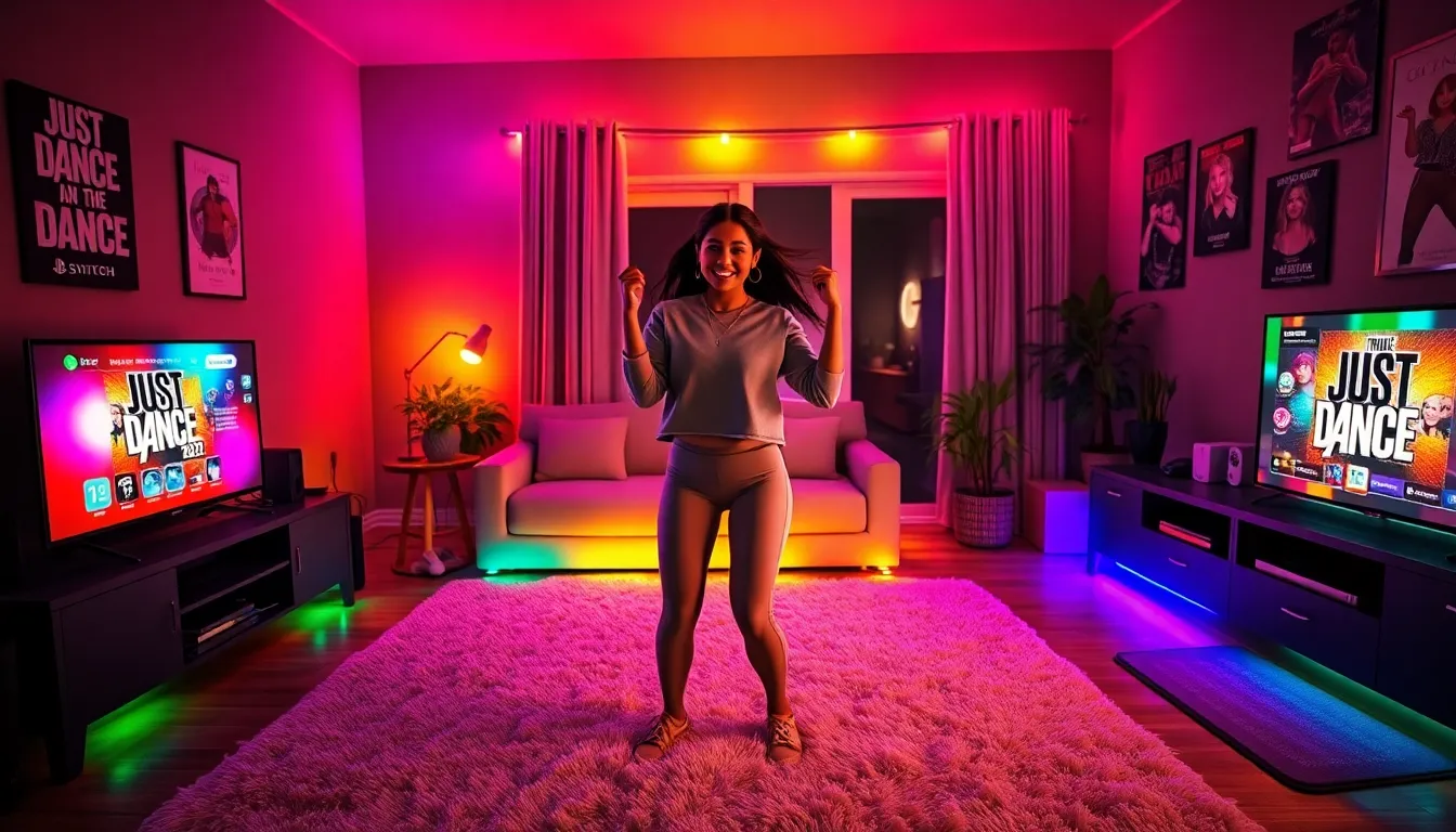 A young woman dancing in a bright living room while playing Just Dance 2022.
