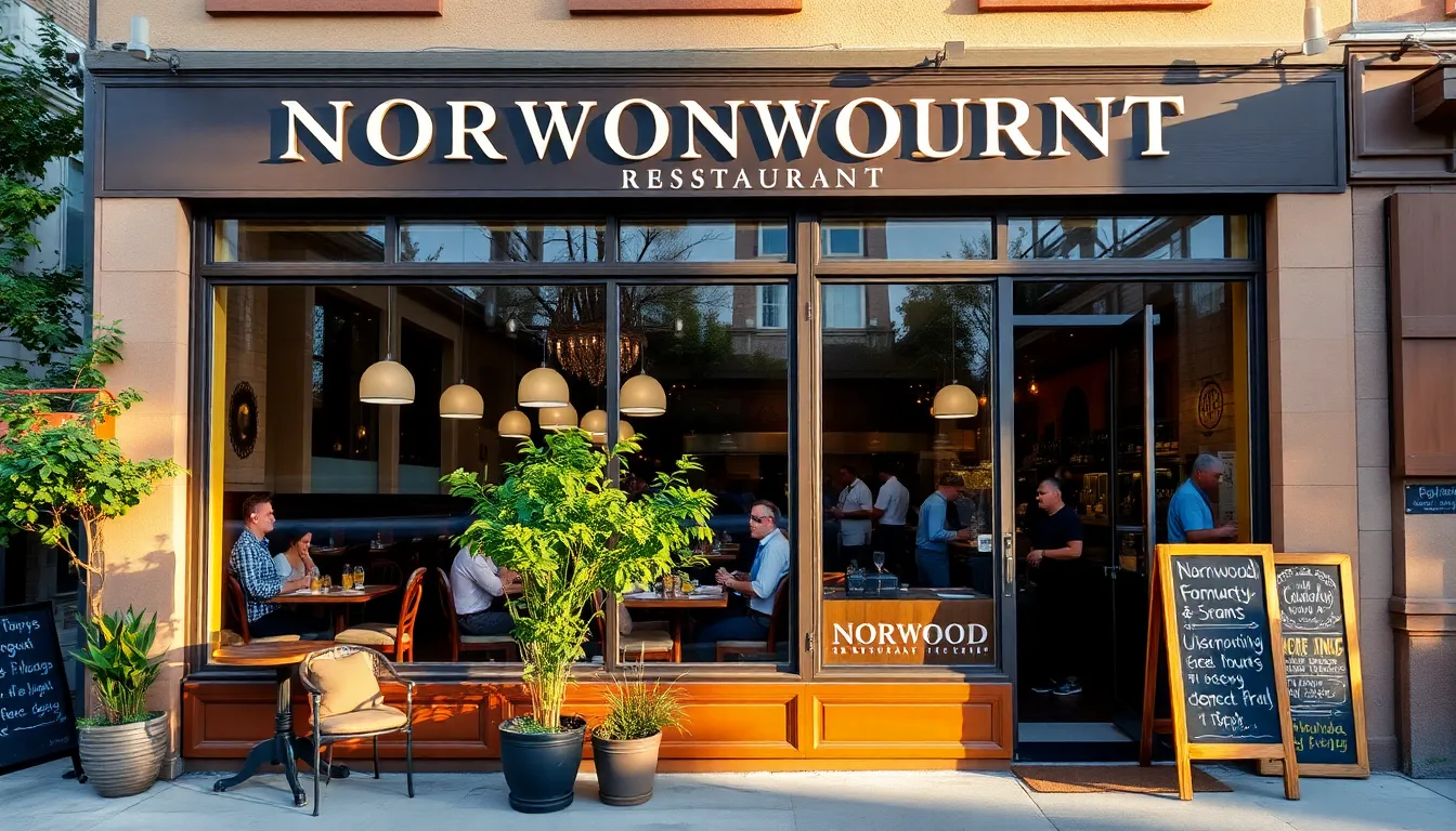 Norwood Restaurant's inviting exterior with outdoor seating and bustling interior.