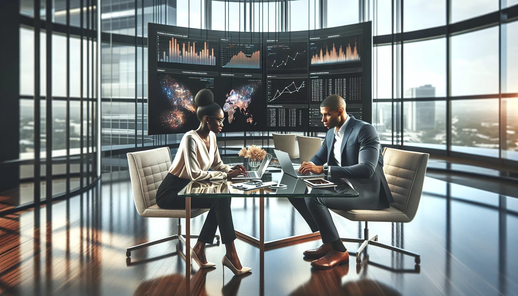 diverse professionals collaborating in a modern office on data analysis.