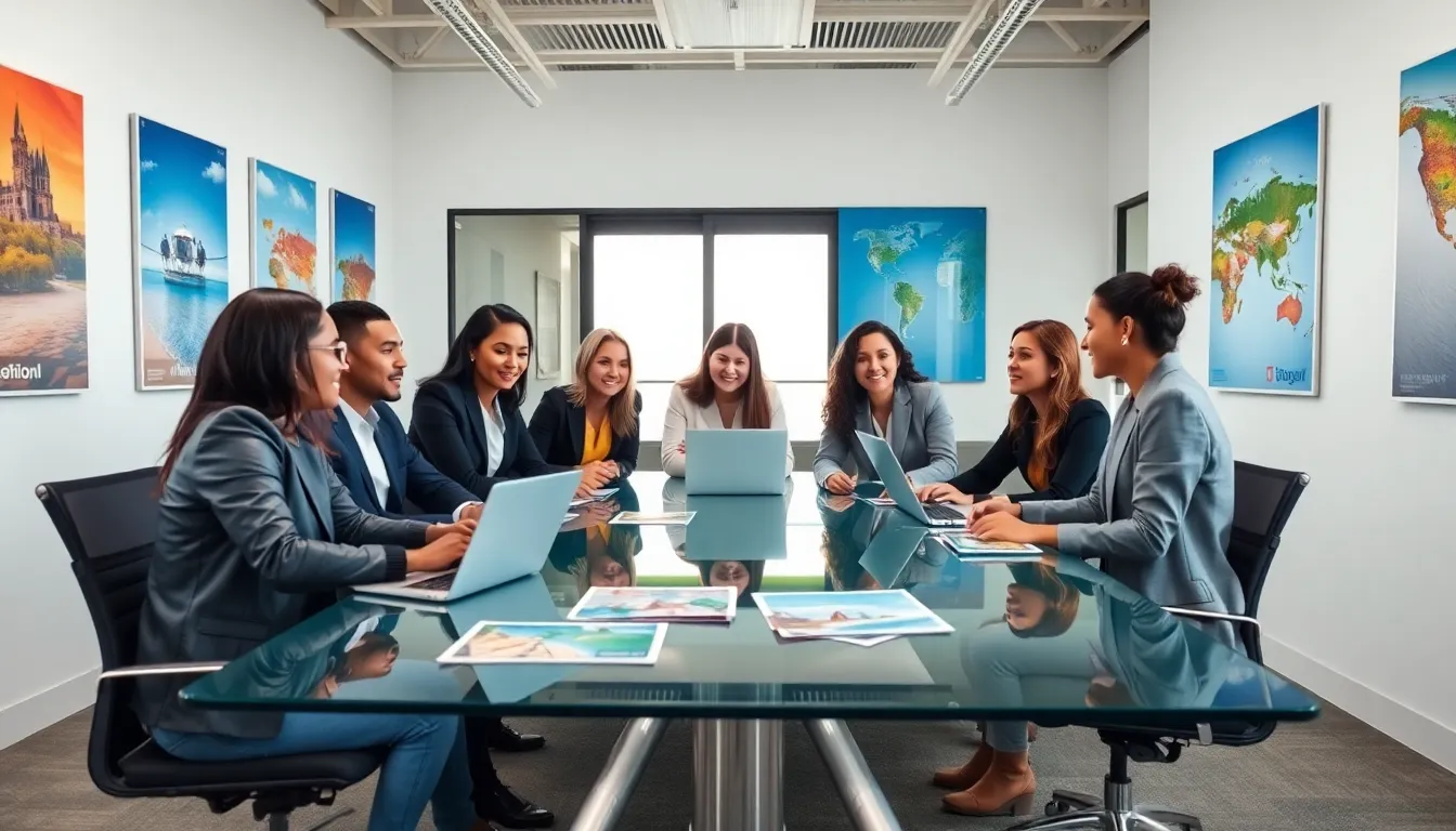 diverse professionals discussing travel insurance in a modern office.