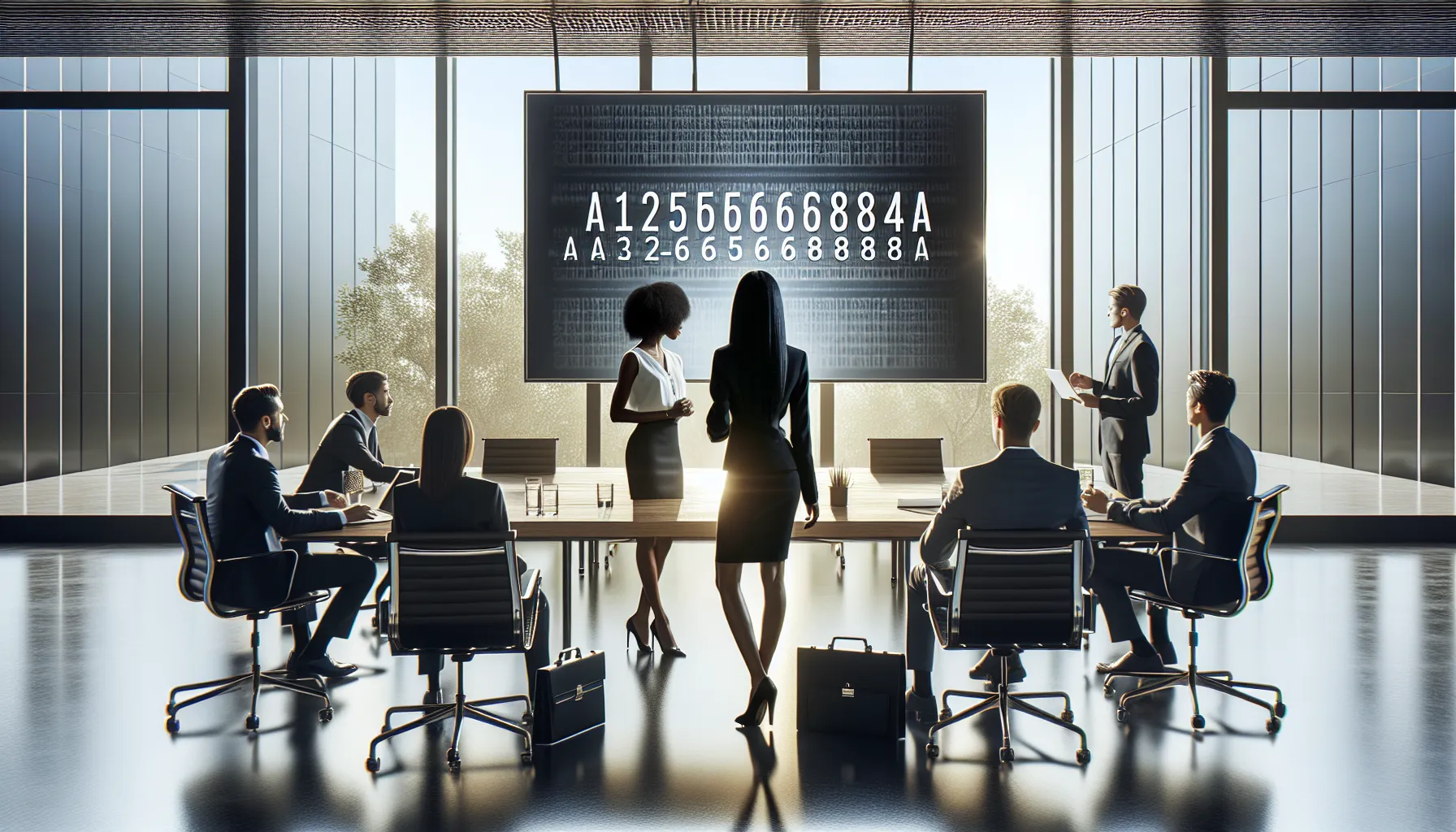 professionals in a meeting discussing A12656568684A in a modern office.
