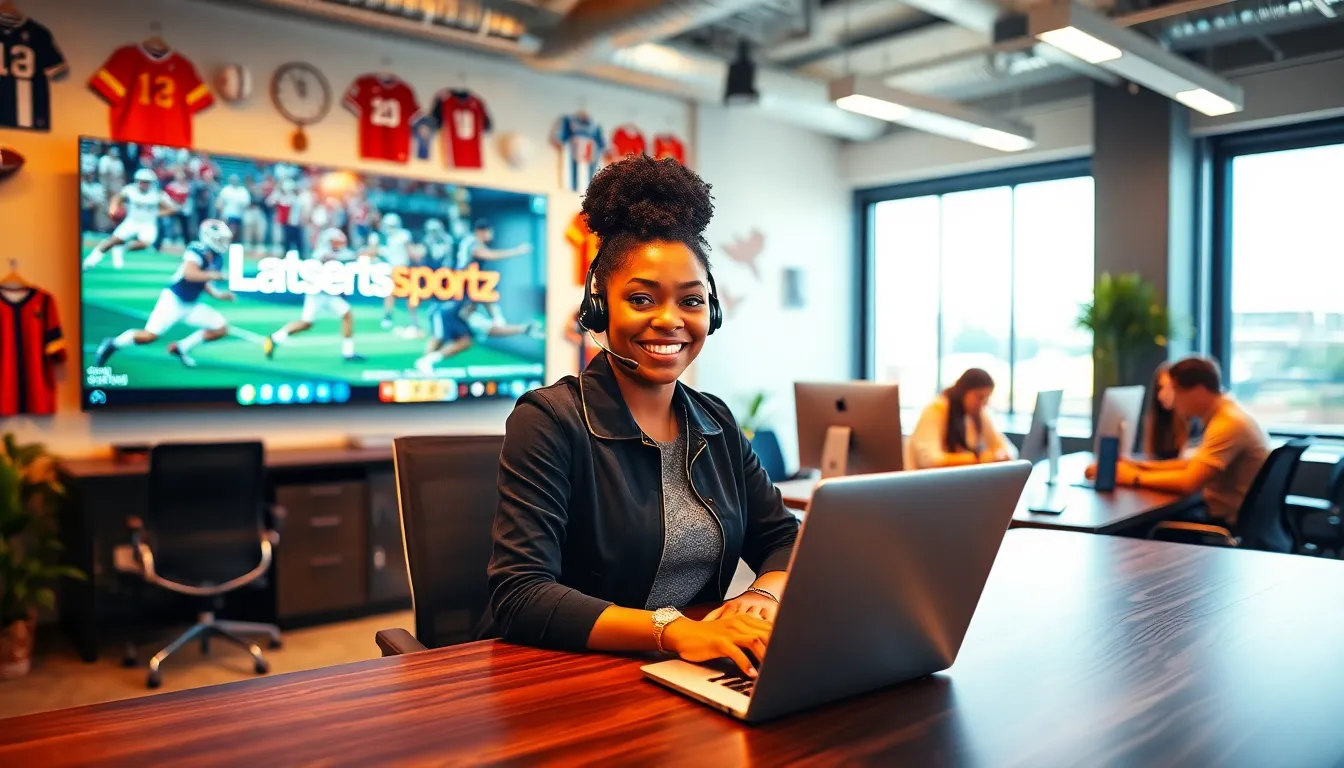 A woman in a sports-themed outfit engaging in a call at a modern office.
