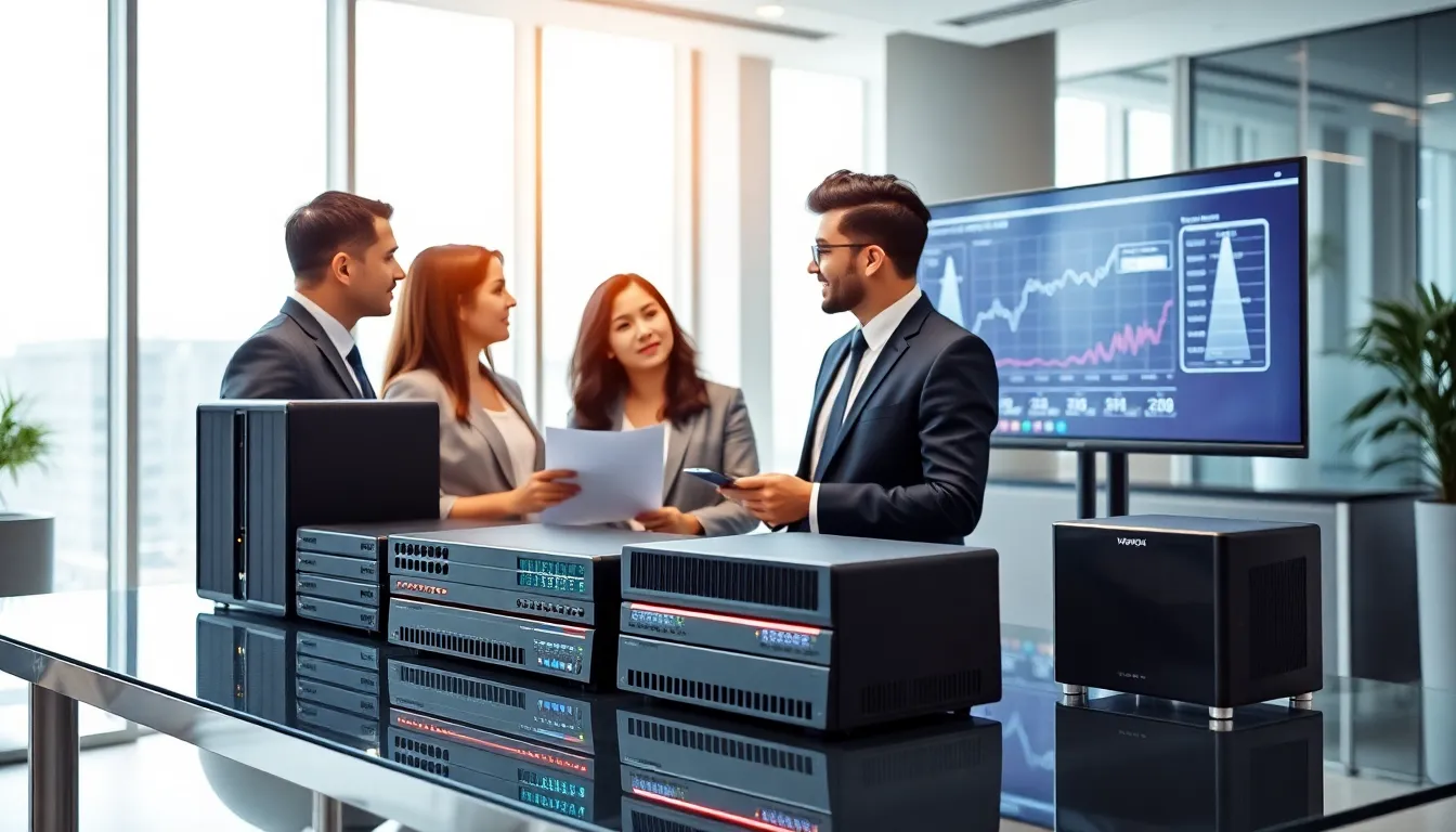 diverse professionals collaborating around advanced WebBizMagnet hardware.