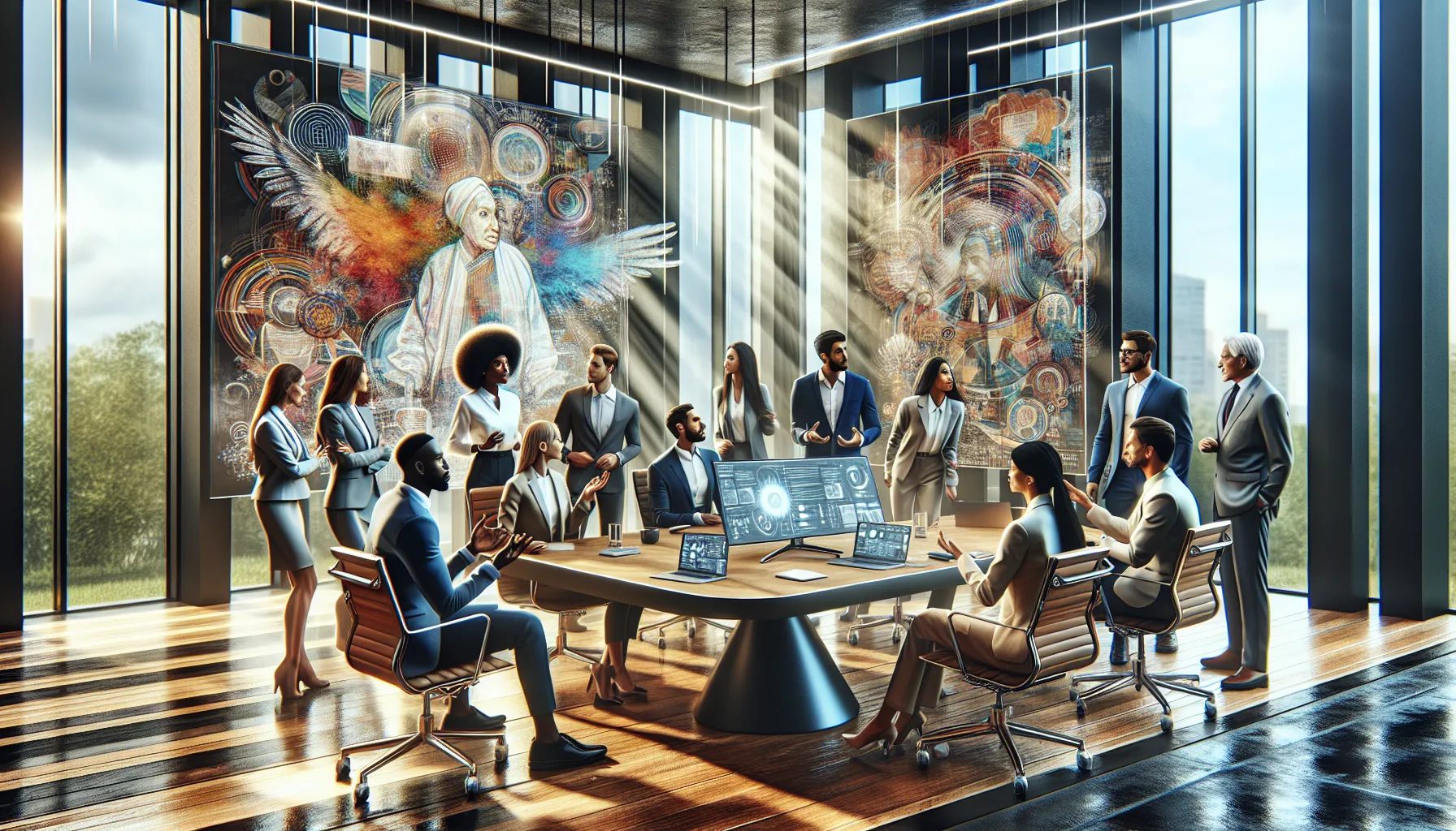 diverse professionals discussing modern interpretations of Firqodollah in an office.