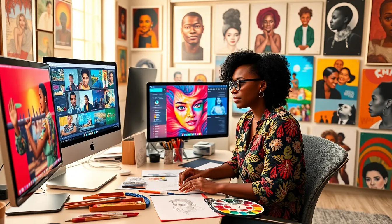 a woman engaging with artwork in a modern digital workspace.