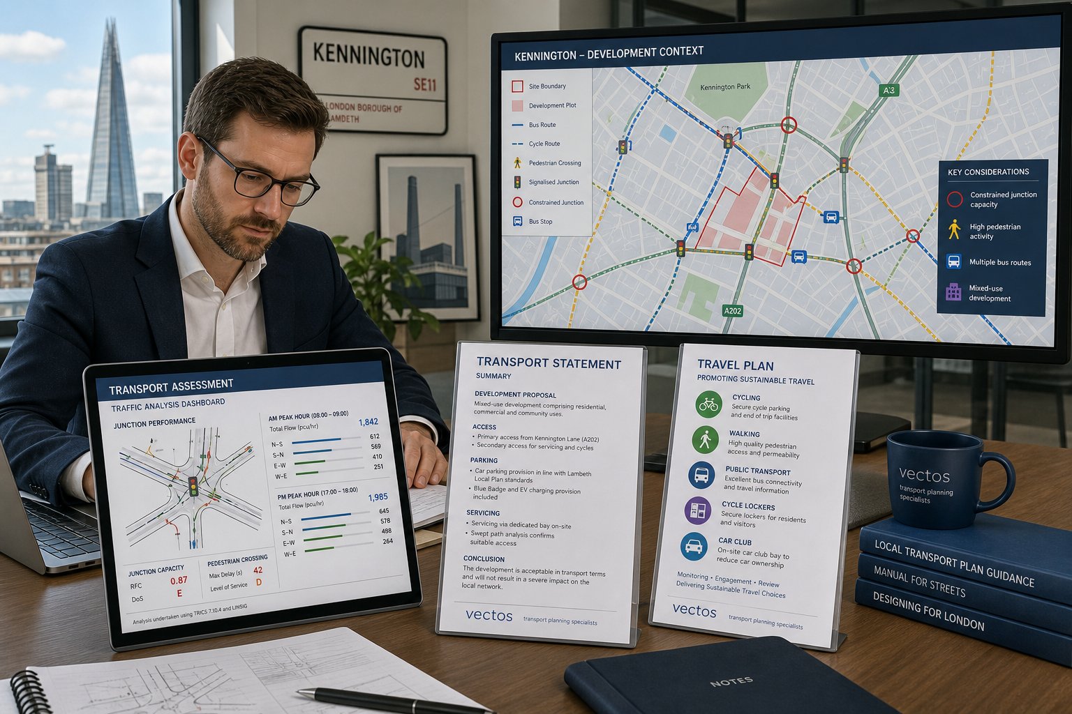 Traffic engineer reviewing transport assessment, statement, and travel plan in modern office.