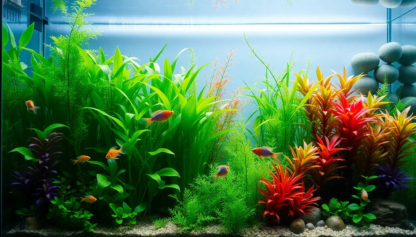 vibrant aquatic plants in a modern aquarium with colorful fish.