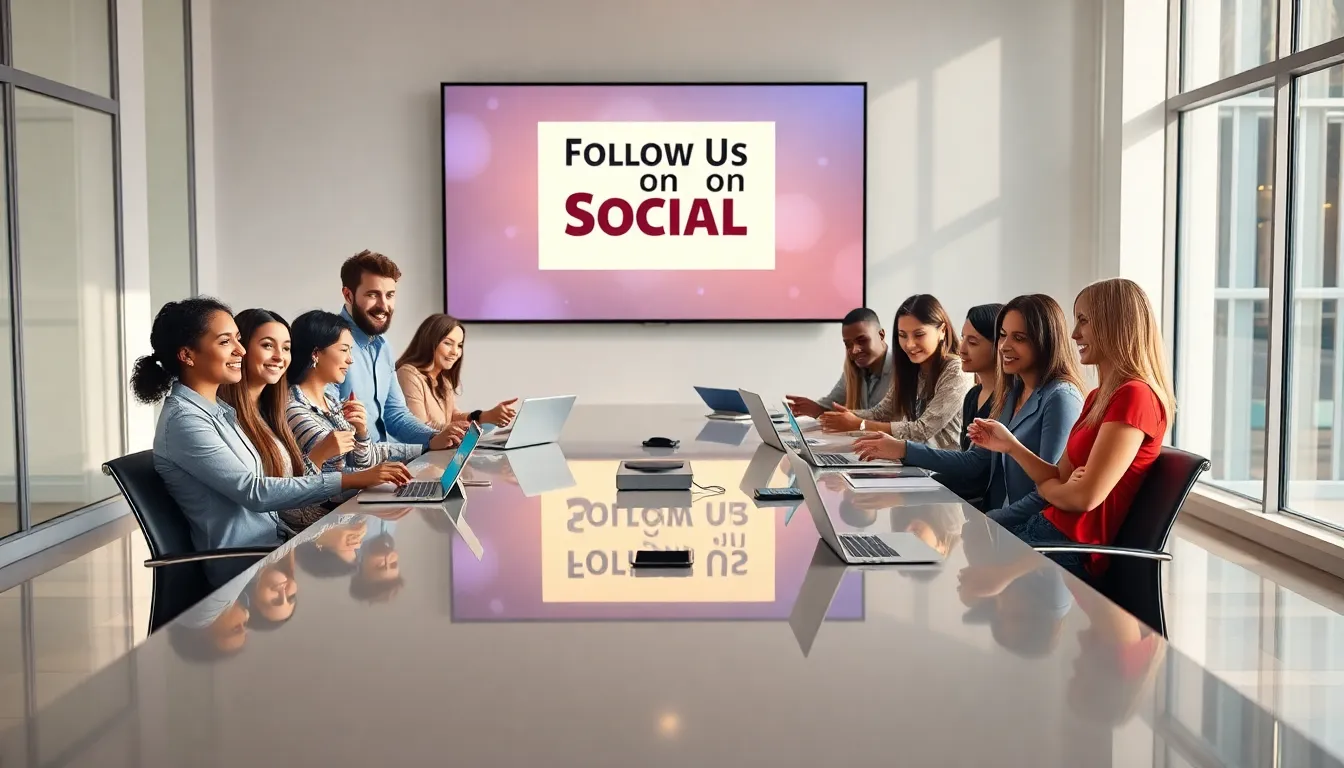 diverse professionals promoting social media engagement in a modern office.