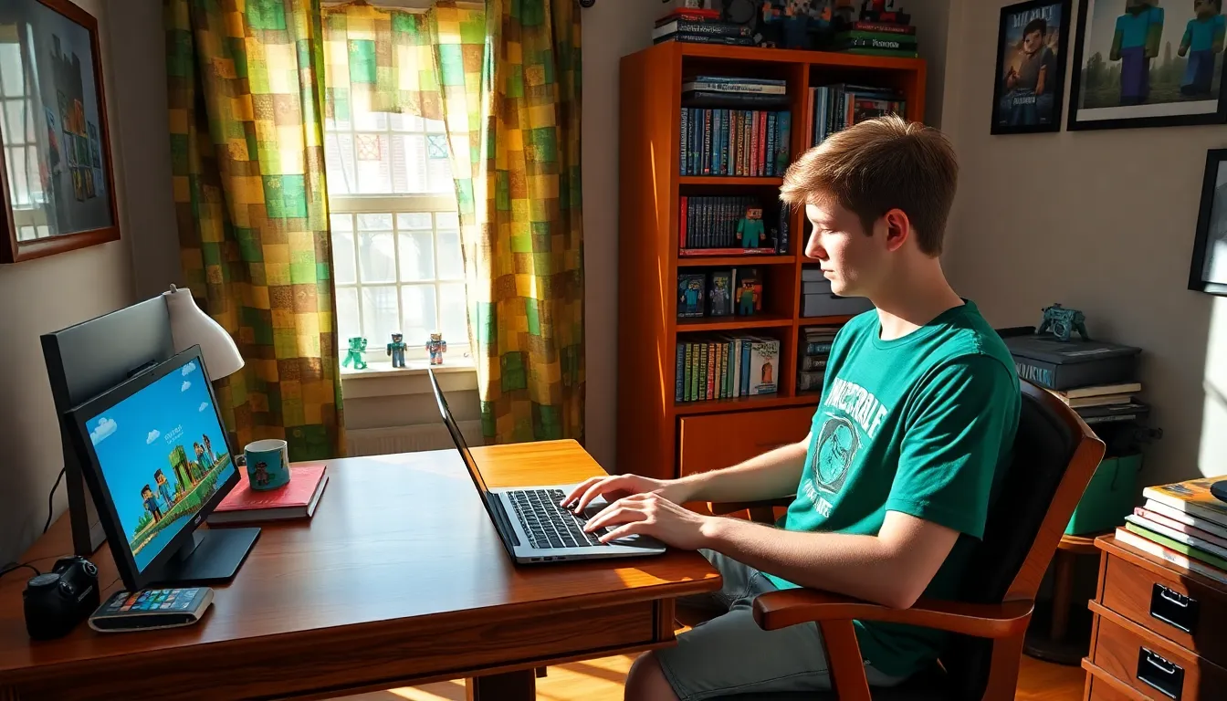 a young man reading Minecraft articles in a lively home office.