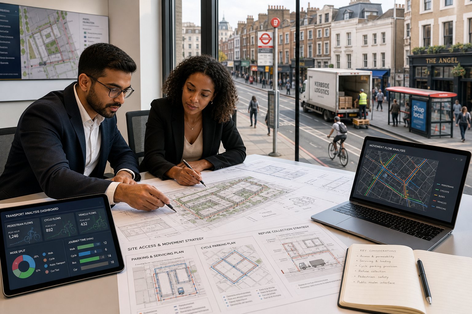 Traffic engineer reviewing urban development transport plans in a modern Islington office.