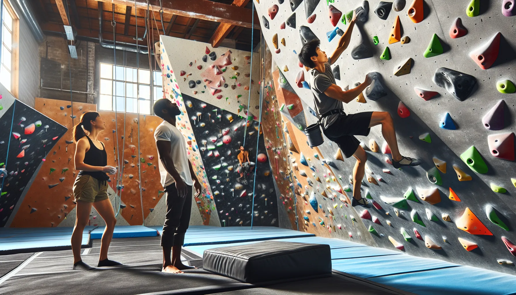 A person bouldering on an indoor climbing wall with safety mats below.