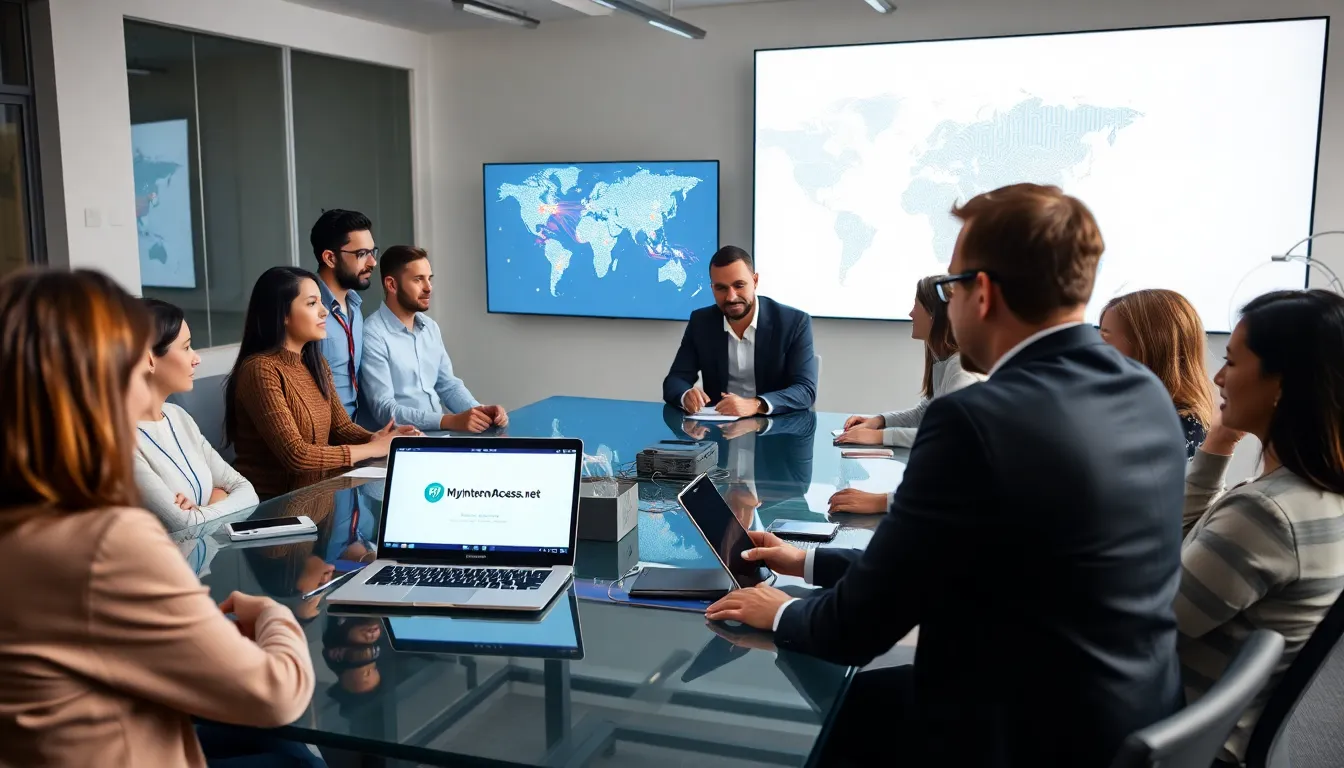 professionals discussing MyInternetAccess.net in a modern office.