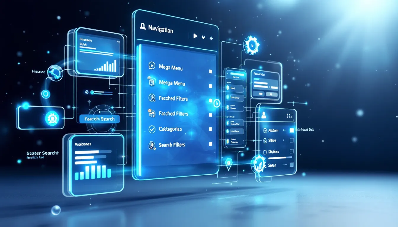 3D interface showing industrial website navigation with product menus and search filters
