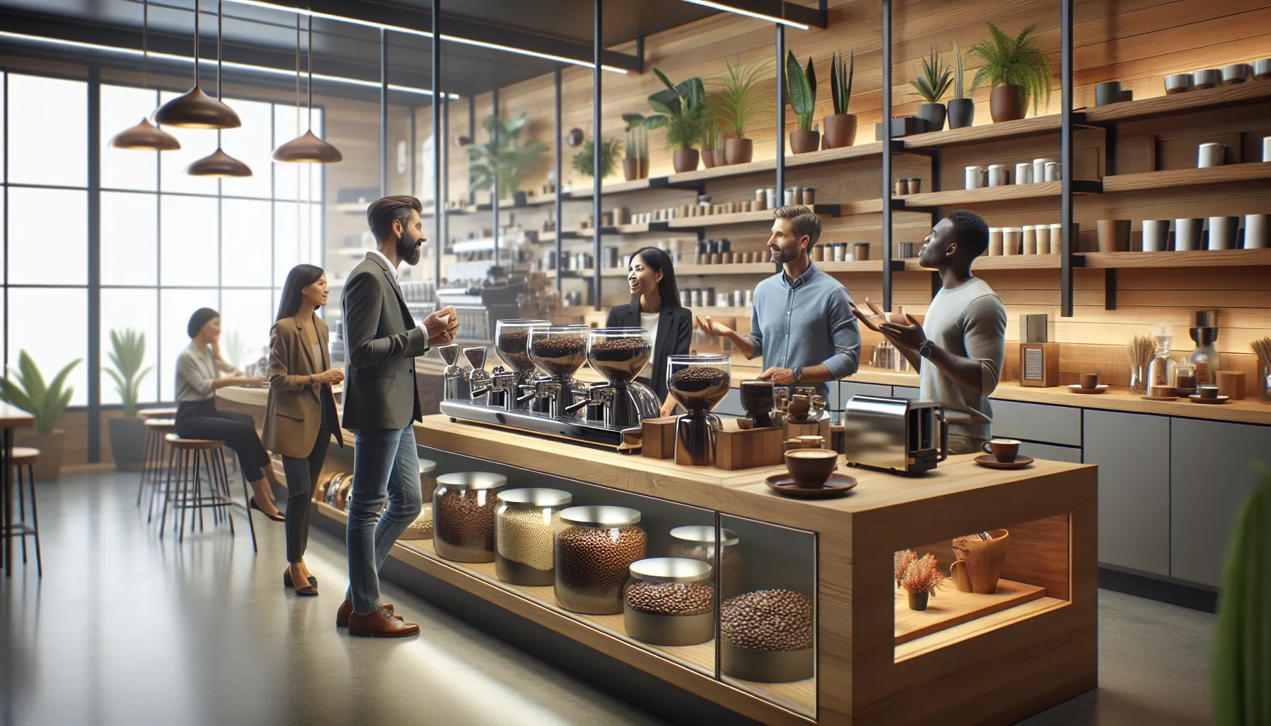 diverse team discussing coffee products in a modern cafe.