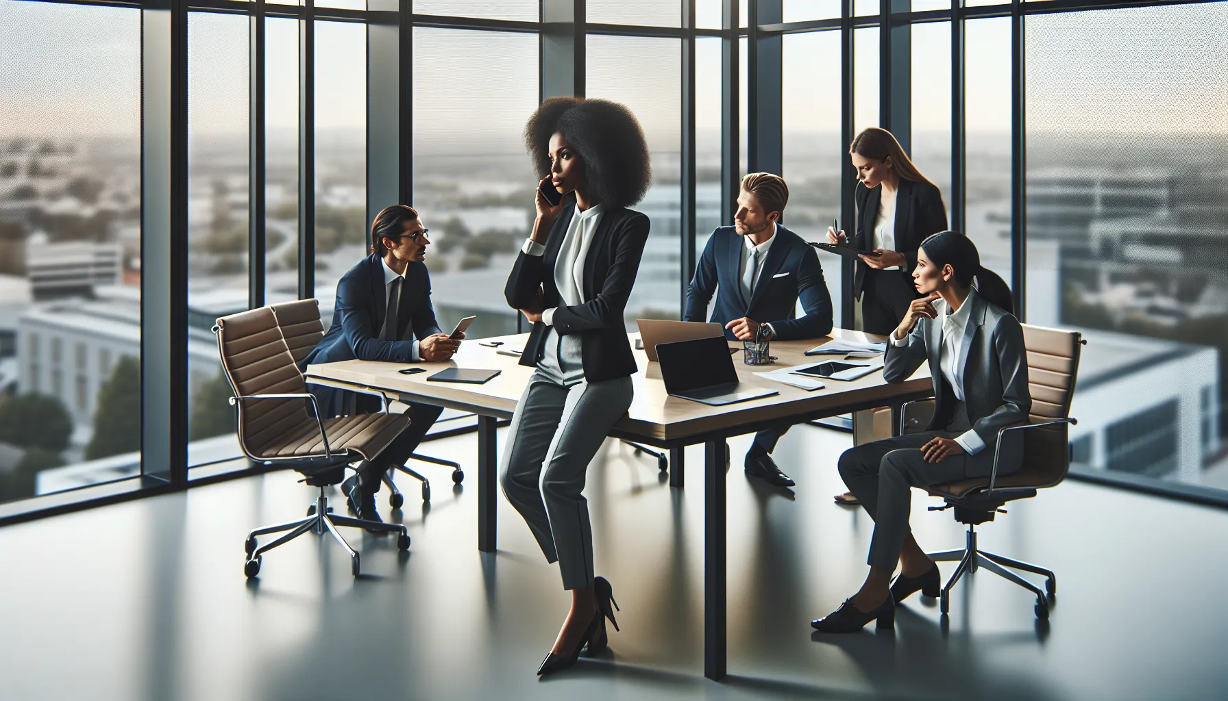 diverse professionals discussing calls in a modern office.
