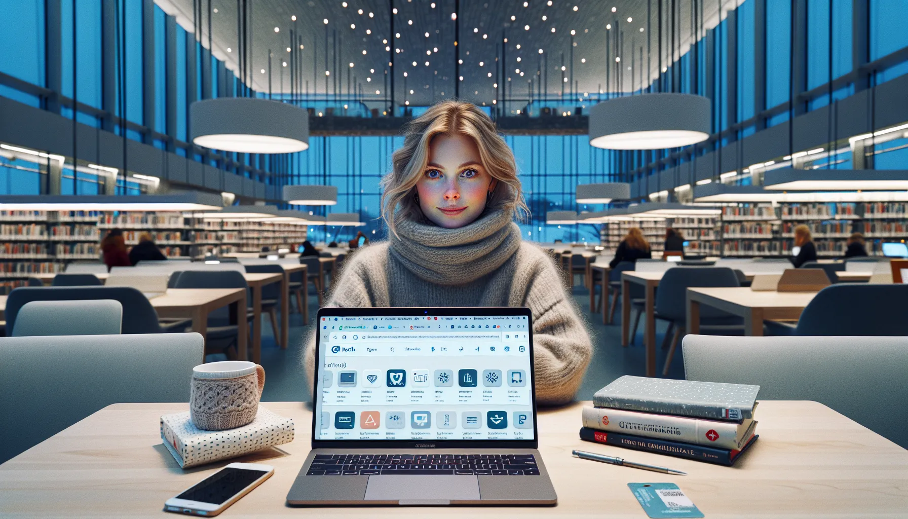 Hvordan finne gratis kurs som gir verdi 3 Woman curating free, high-quality courses on a laptop in a norwegian library.