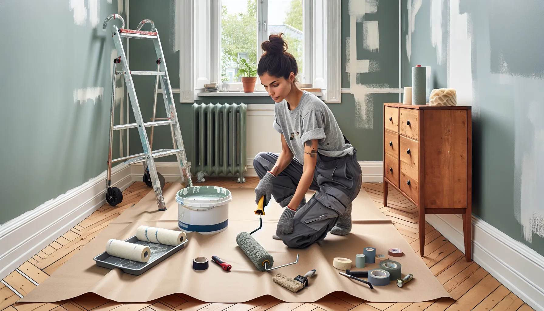 Slik kan du spare penger på boligoppussing med diy-prosjekter 3 Norwegian homeowner paints living room wall, diy tools neatly arranged around.