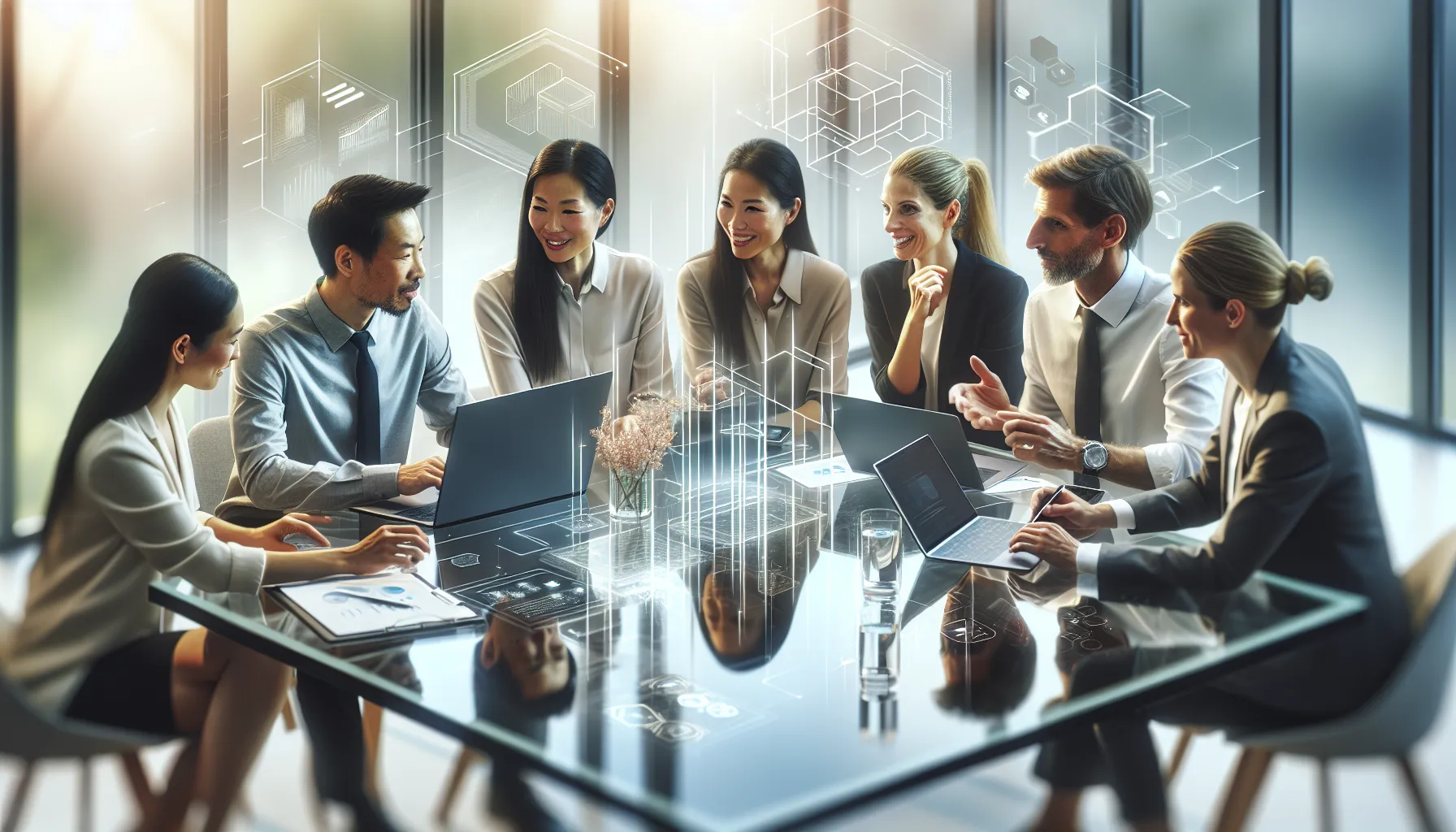diverse professionals collaborating in a modern office setting.