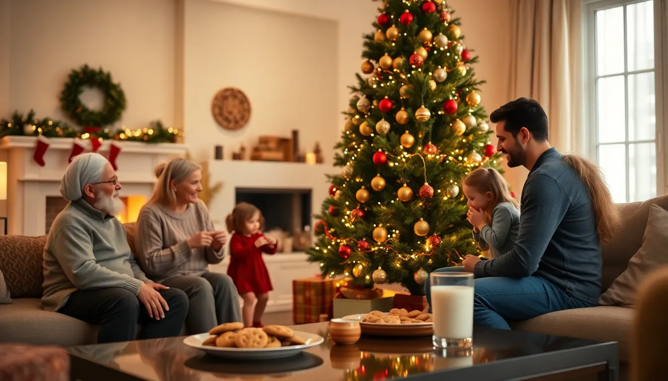 family decorating a Christmas tree together in a cozy living room.