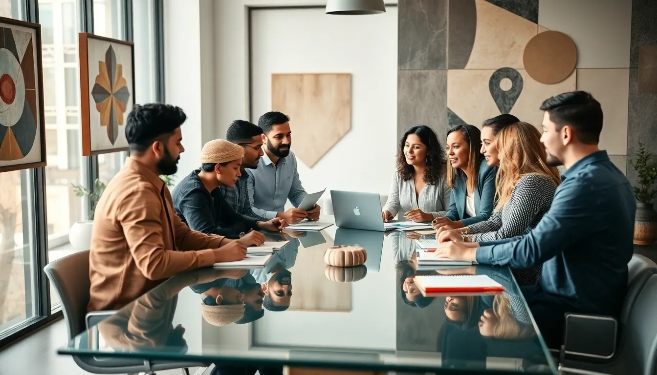 diverse professionals brainstorming in a modern office setting.