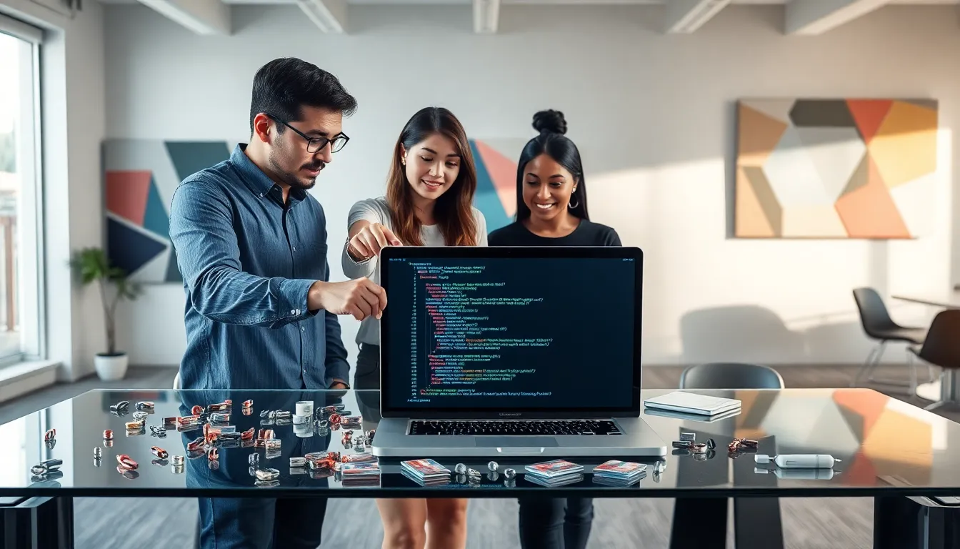 professionals discussing coding symbols at a modern workspace.