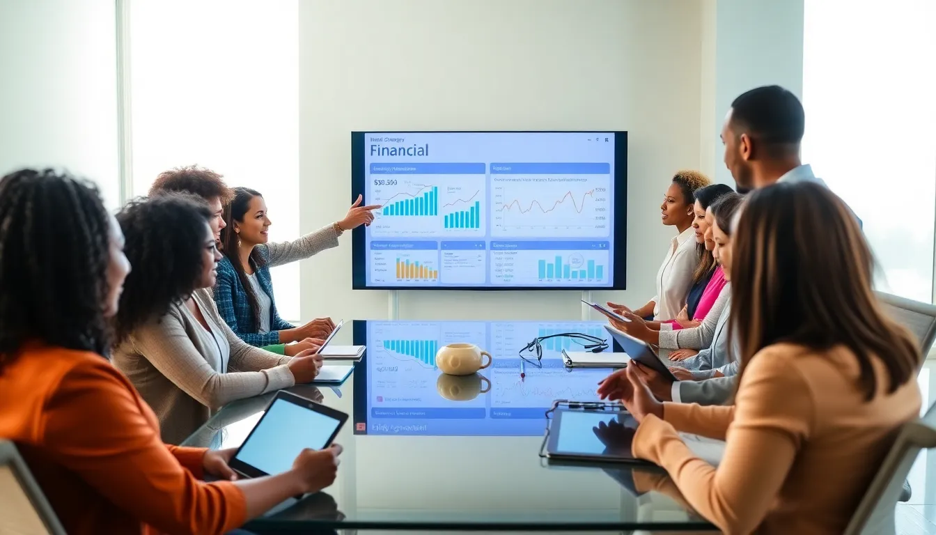 diverse professionals discussing financial strategies in a modern conference room.
