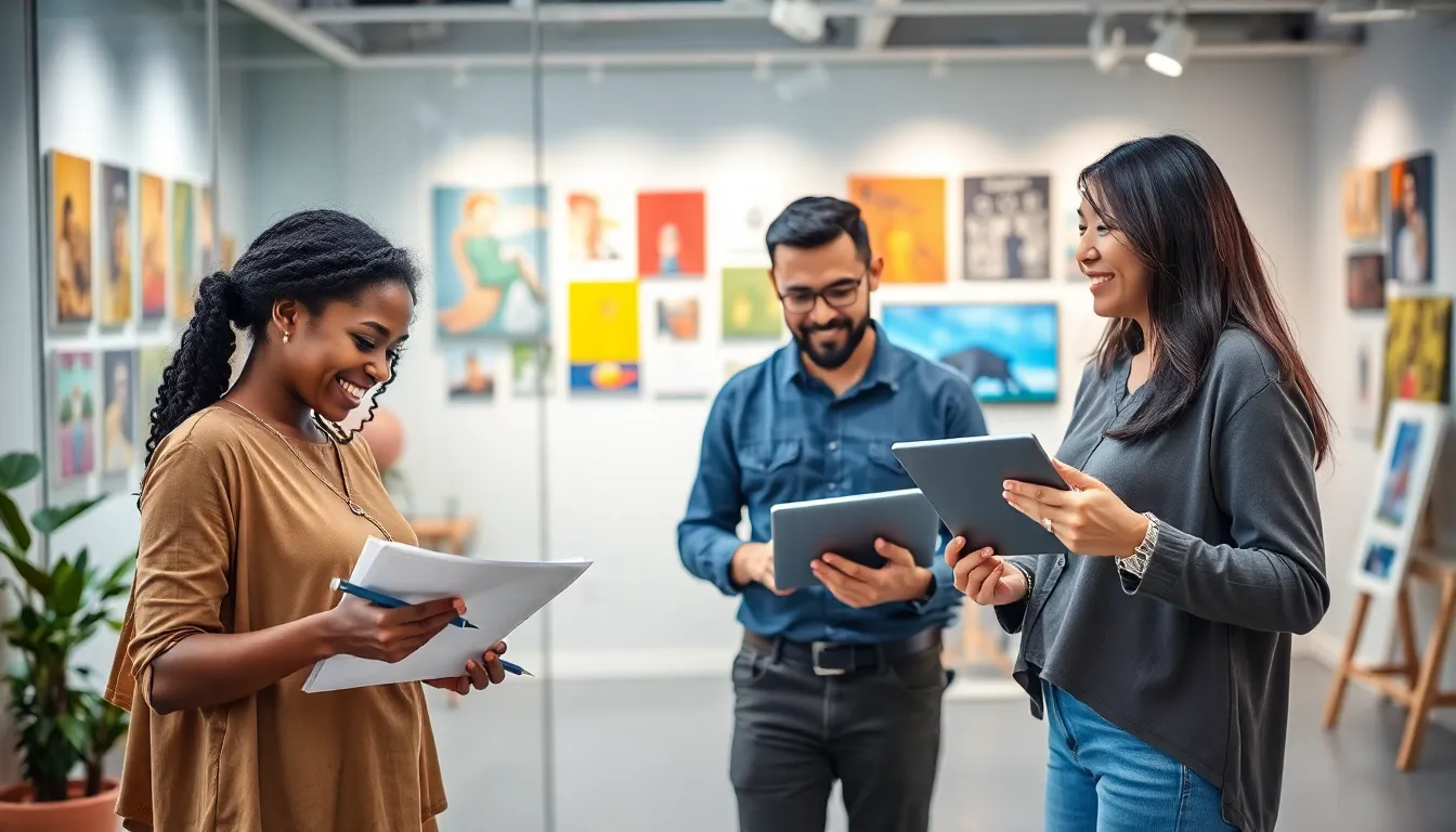 diverse creators collaborating in a vibrant artistic workspace.