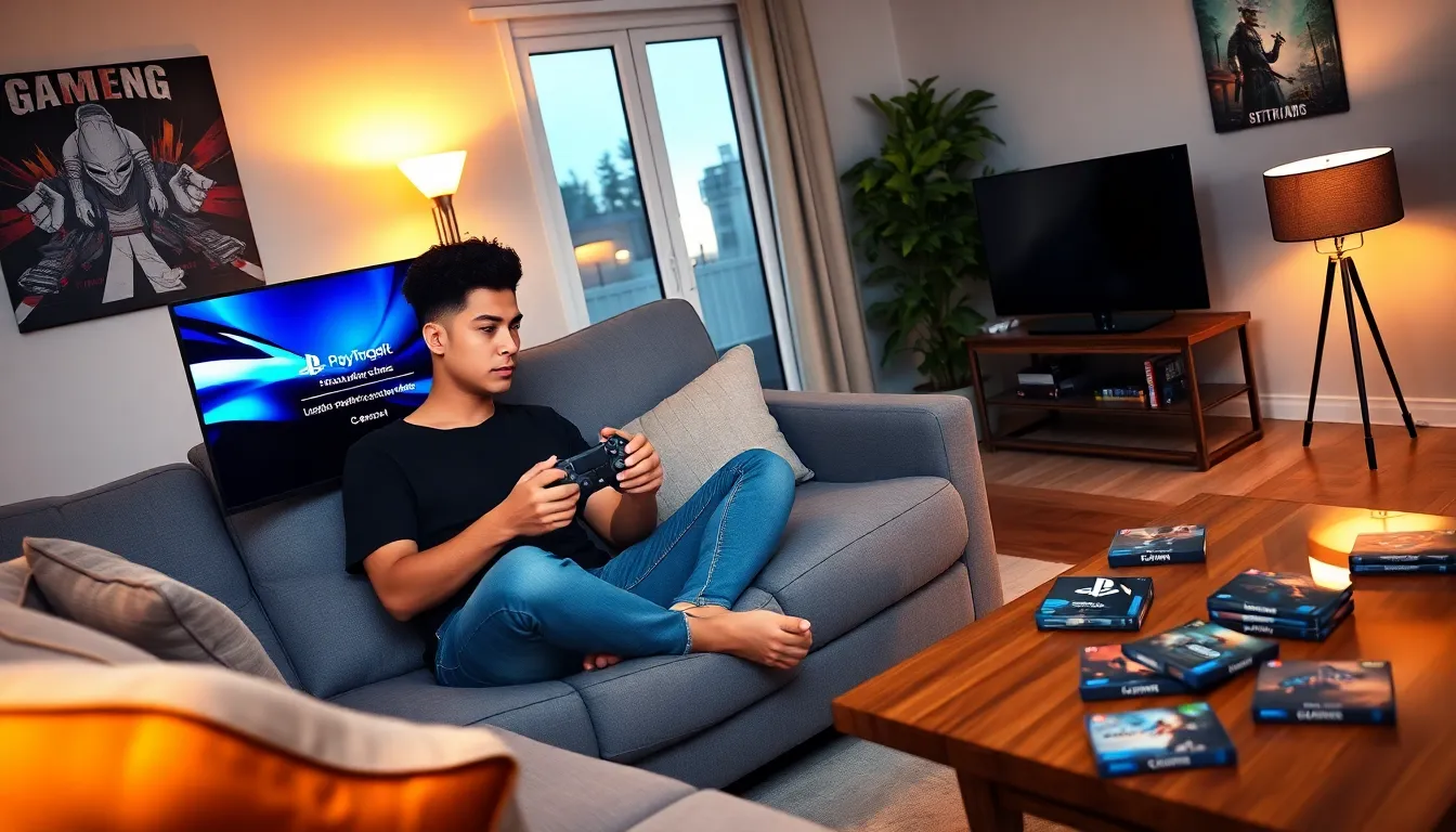 a young man gaming on a PS4 with an update screen displayed.