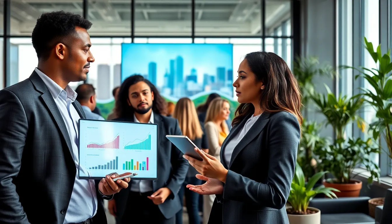 a diverse team analyzing industry trends in a modern office setting.