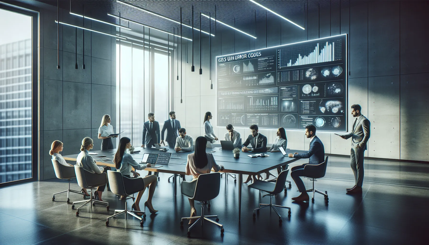 professionals discussing GRS Uine28.6 error codes in a modern office.