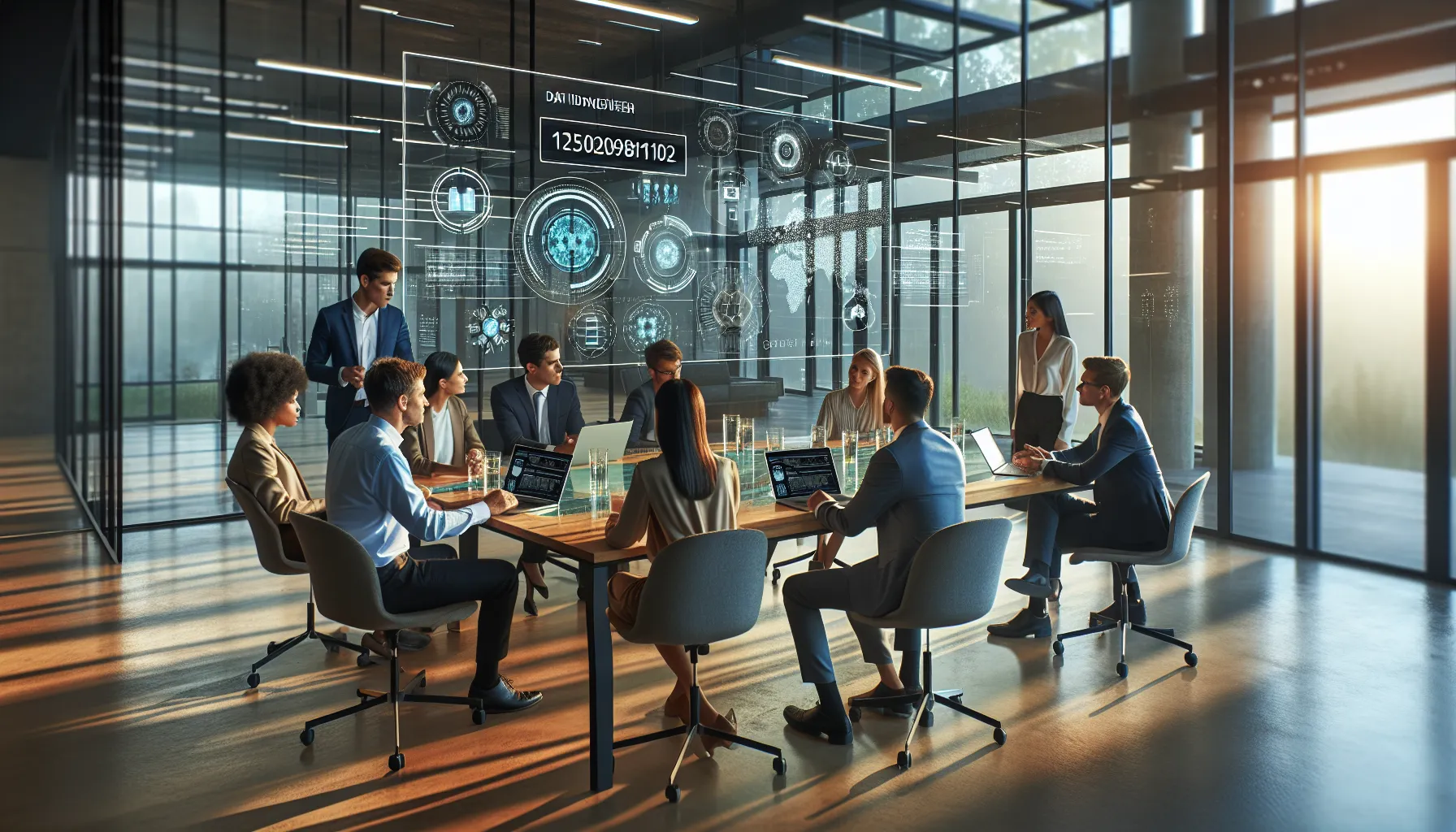 diverse professionals discussing technology in a modern office.