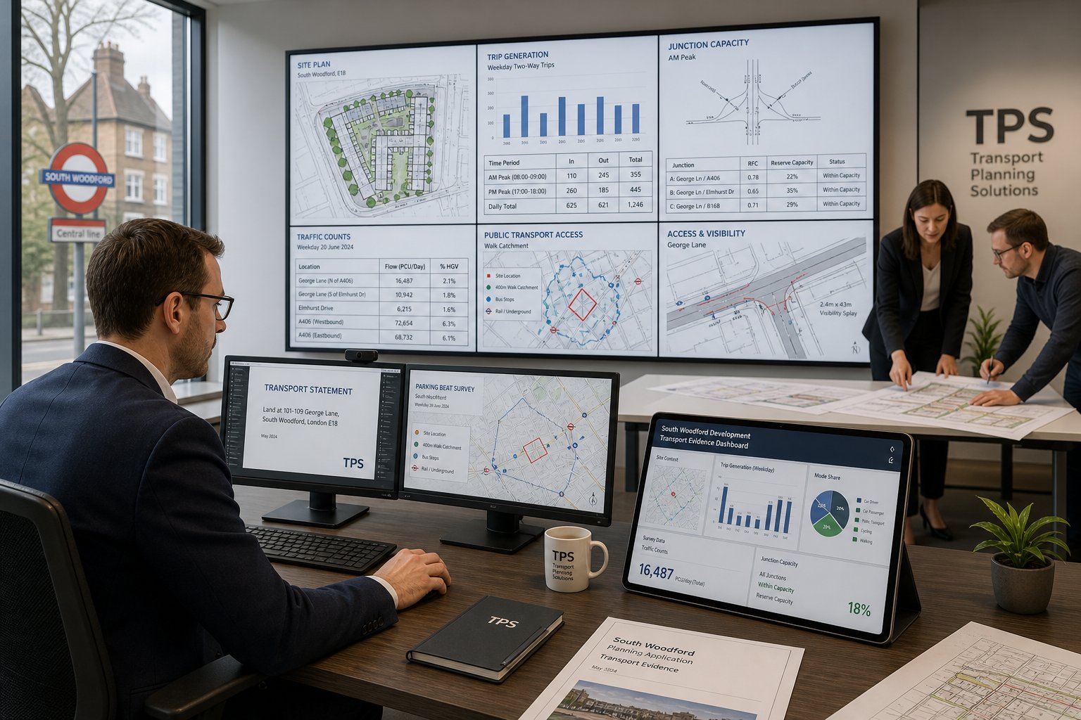 Traffic engineer reviewing planning transport reports and site access plans.