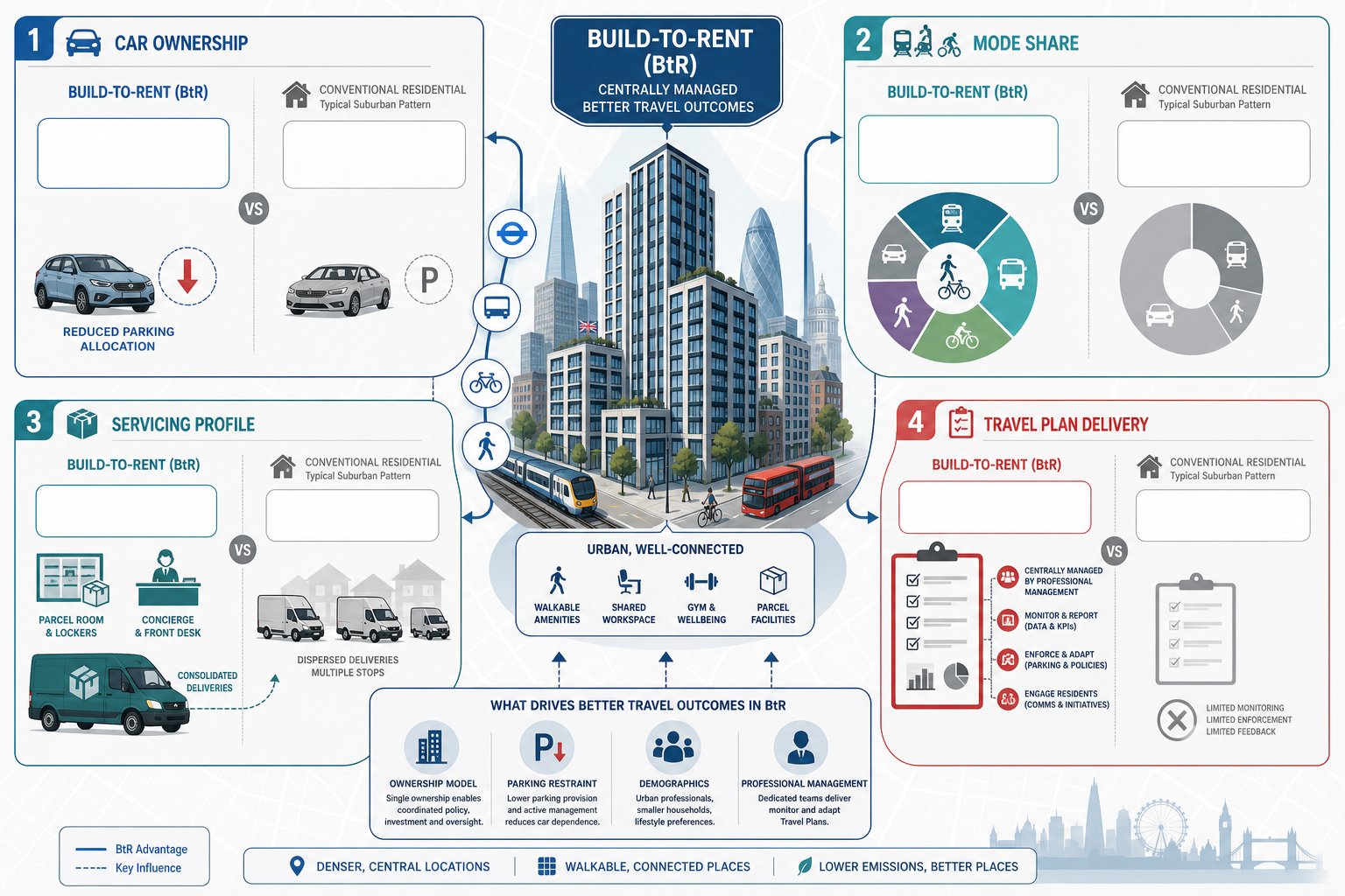 Build-to-rent transport infographic comparing car use, travel modes, servicing and management.