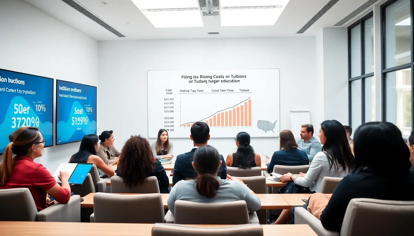 diverse college students discussing education costs in a modern classroom.