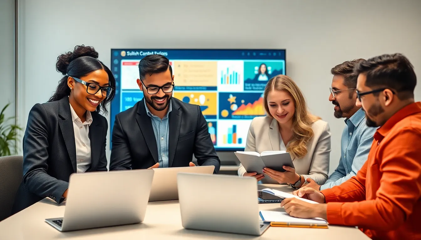 diverse team collaborating on digital content creation in a modern office.