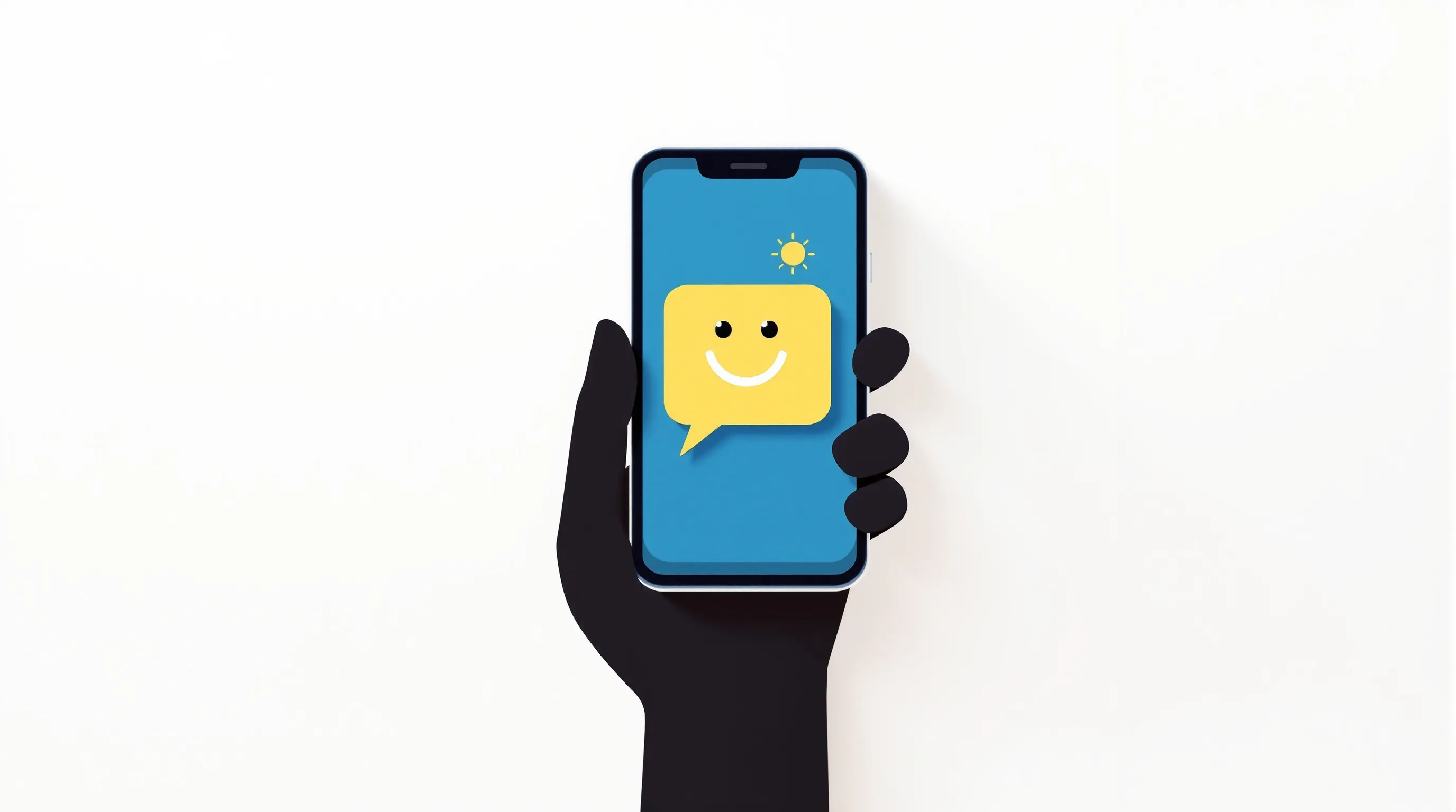 A hand holds a phone showing a cheerful morning message bubble.