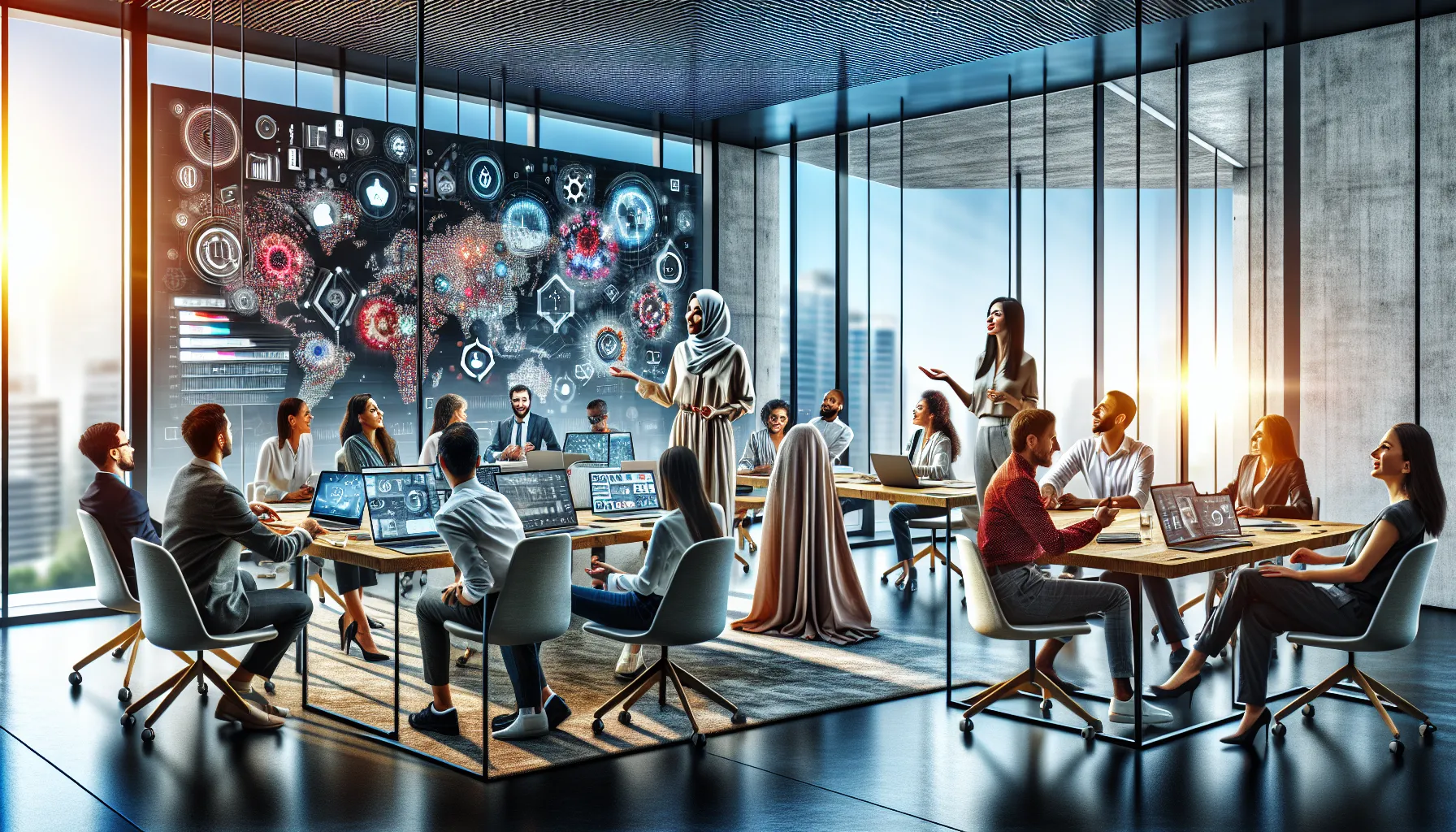 diverse team collaborating in a modern digital workspace.